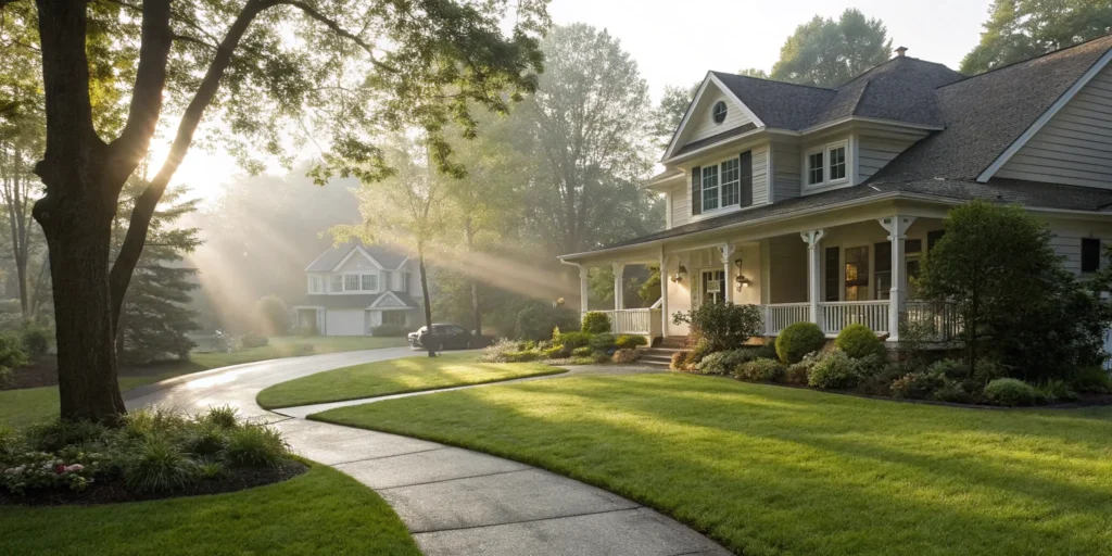 A suburban home and driveway protected by the best auto and home insurance bundle.