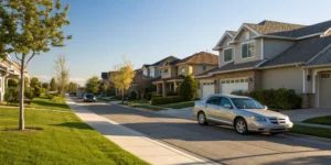Cars parked on a residential street, protected by full coverage car insurance.