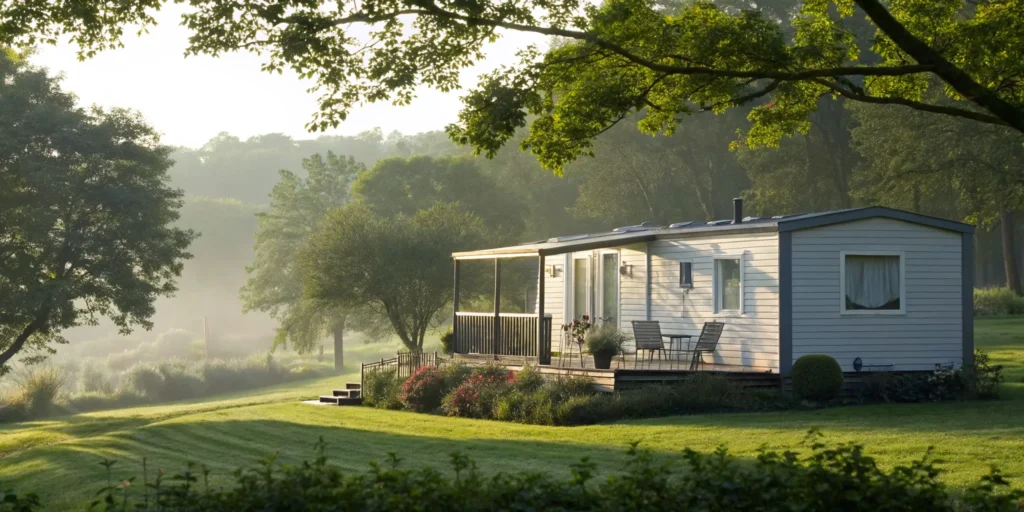 A modern mobile home with a porch, a property that needs home insurance on mobile homes.