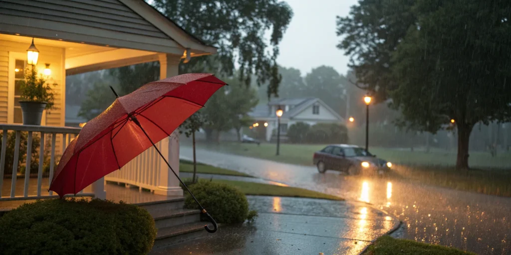 Red umbrella protecting a home during a storm, answering if an umbrella policy is a waste of money.