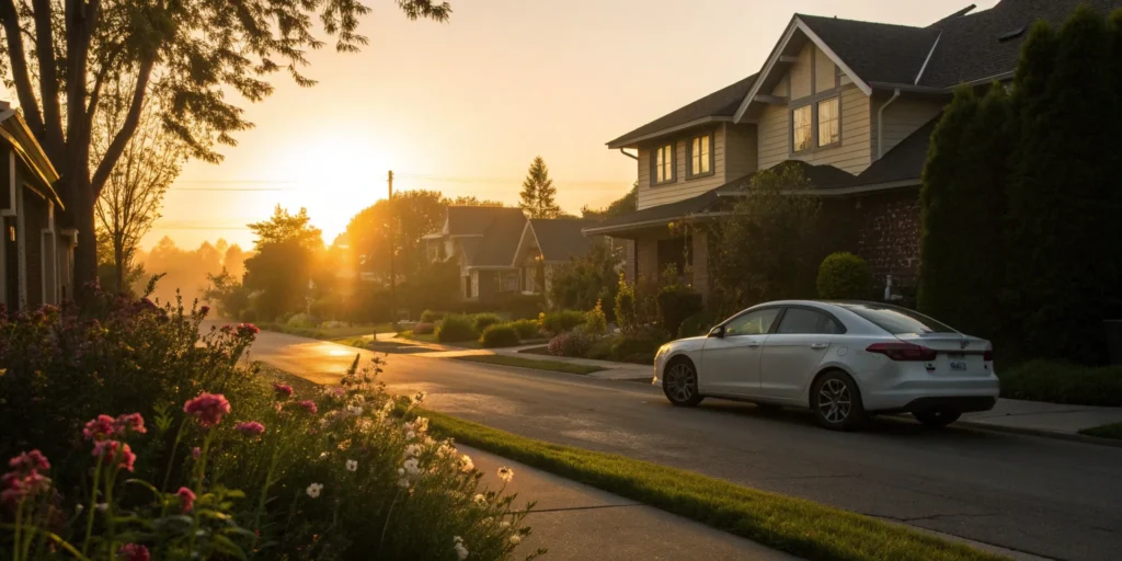 A car parked on a residential street, protected by a full coverage car insurance policy.