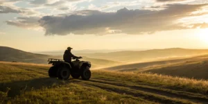 A person riding an ATV on a grassy trail, protected by the right ATV insurance coverage.