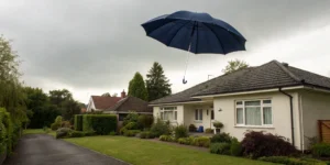 A personal umbrella insurance policy protecting a home with a large blue umbrella.