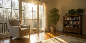 Bright condo living room with personal property covered by condo owners insurance.