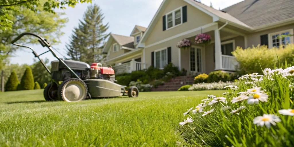 A professional lawn mower on a residential lawn, a job that requires lawn care insurance.