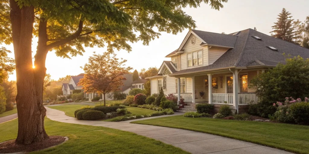 A suburban home with a green lawn for a home insurance calculator by zip code estimate.