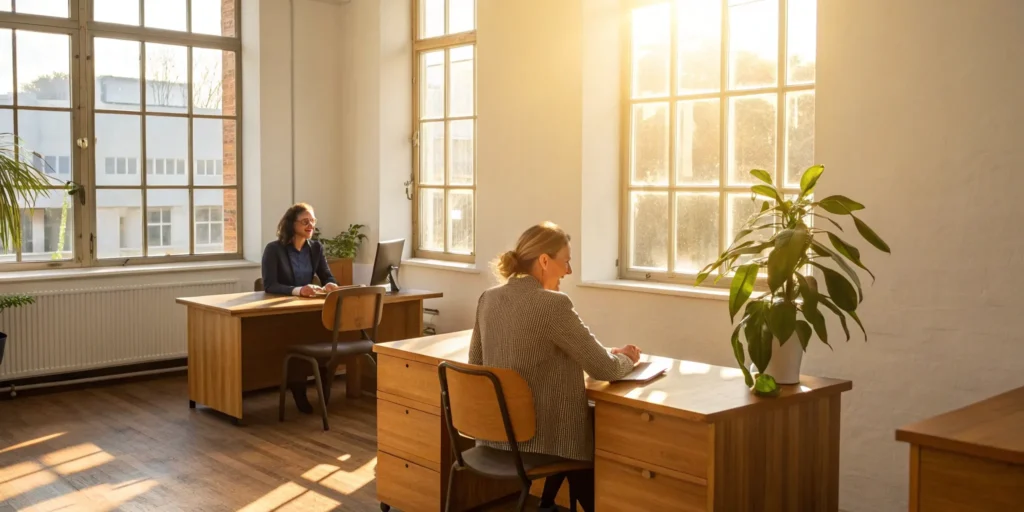 Two women at desks in a small business office researching how much business insurance costs.