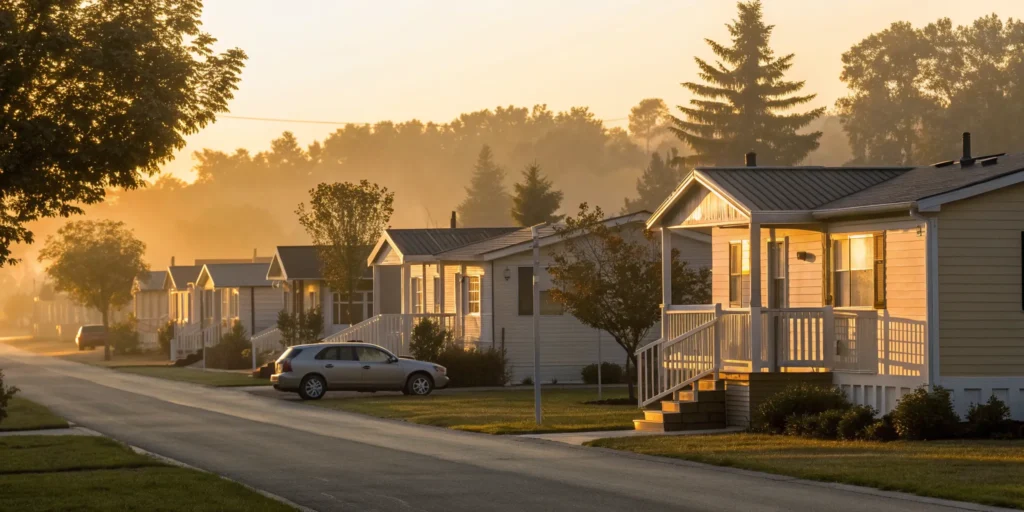 Comparing insurance quotes for a row of manufactured homes at sunrise.