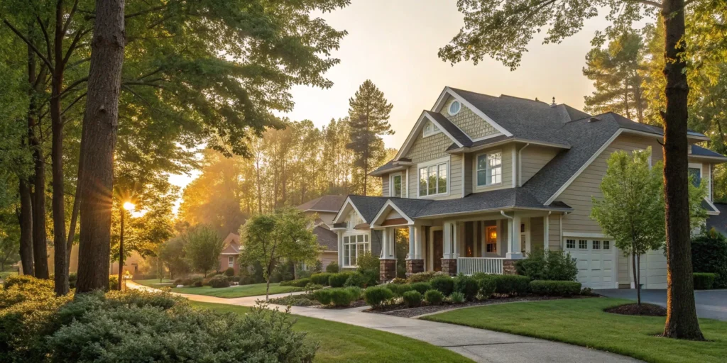 Suburban rental property with trees, an investment protected by insurance coverage.