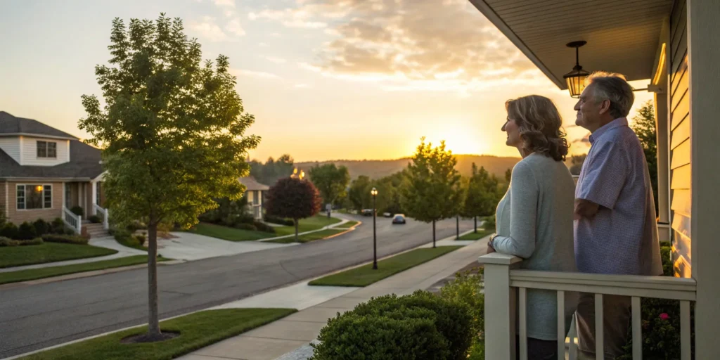 An older couple on a porch considers life insurance with no medical exam and no waiting period.