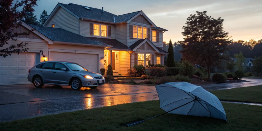 A home at dusk, showing the meaning of protection with personal liability insurance.