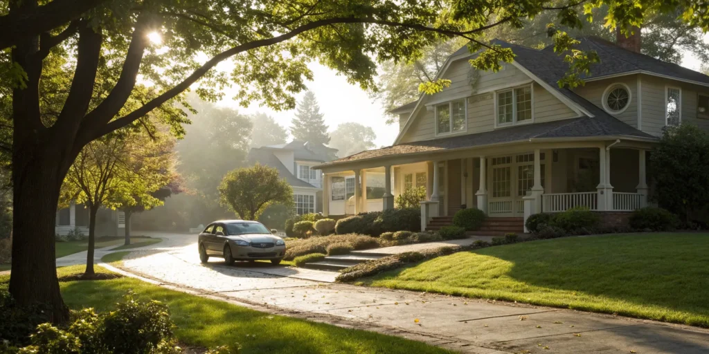 A home and car protected with combined property and liability insurance coverage.