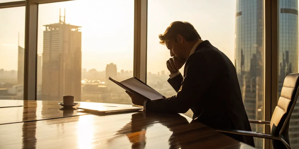 Businessman reviewing documents for a business liability insurance policy in his office.