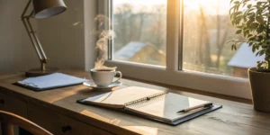 A desk with a notebook and pen for reviewing the different types of insurance contracts.