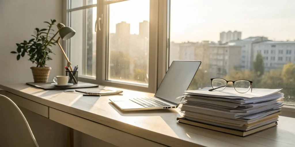 Office desk with a laptop and documents for determining errors and omission insurance cost.