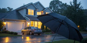 An umbrella shielding a home from rain, showing who needs umbrella insurance to protect their assets.