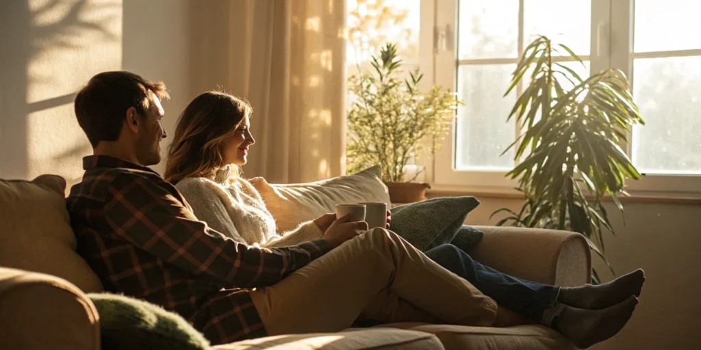 Whole life insurance for adults provides peace of mind for a couple relaxing at home.