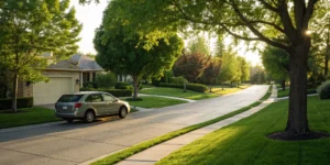 A car parked in a safe neighborhood, a factor that helps lower car insurance premiums.