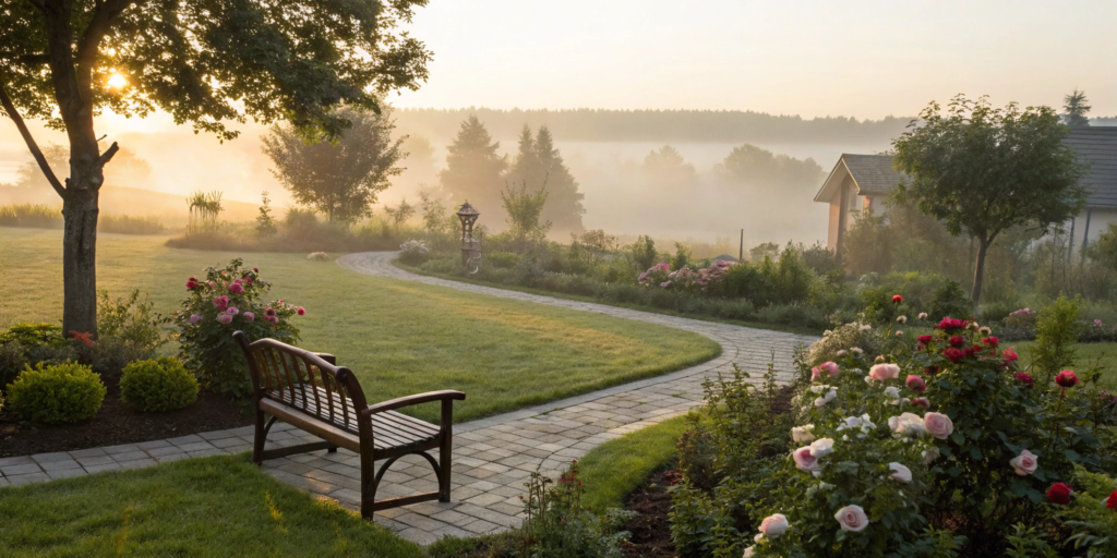 A professionally landscaped garden with a green lawn, a project requiring cheap landscaping insurance.