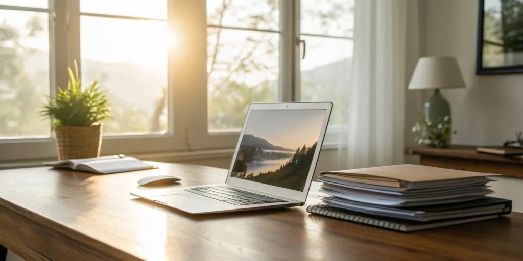 A business owner at a desk with a laptop reviewing their general liability insurance options.