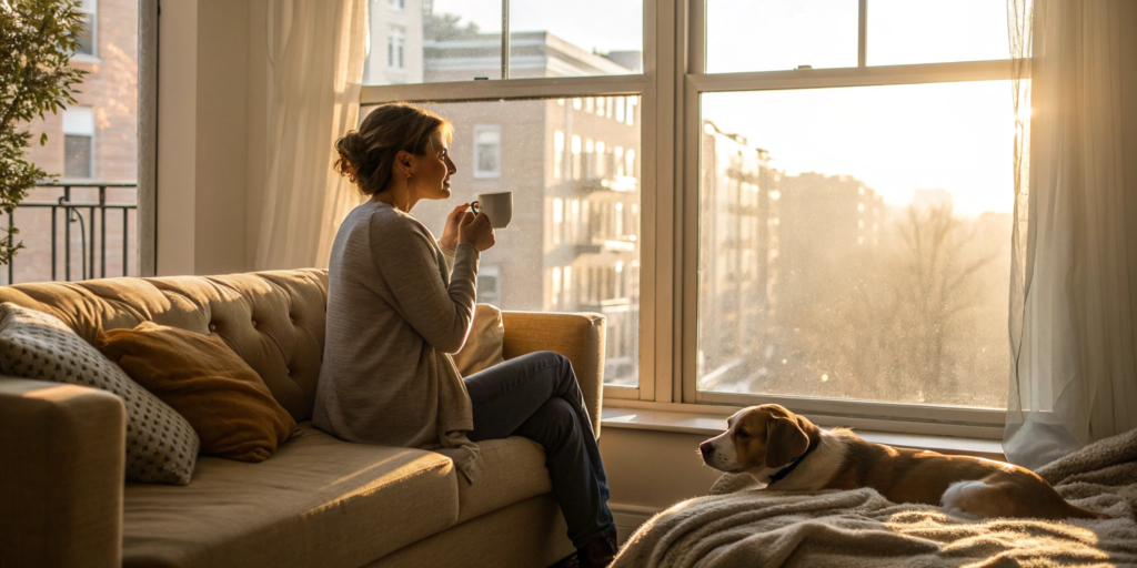 A renter enjoys her coffee in a bright apartment, her belongings protected with renters insurance.