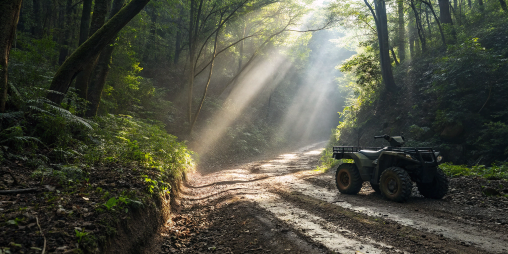 An ATV on a wooded trail, subject to state-specific ATV insurance requirements.
