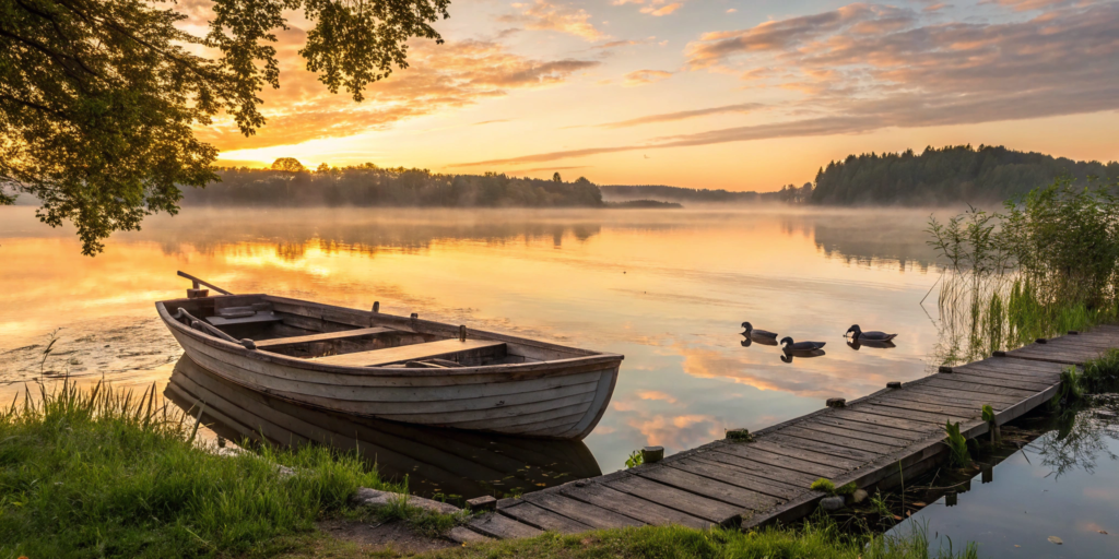 A classic wooden boat on a lake, an example of a vessel needing the best insurance for older boats.