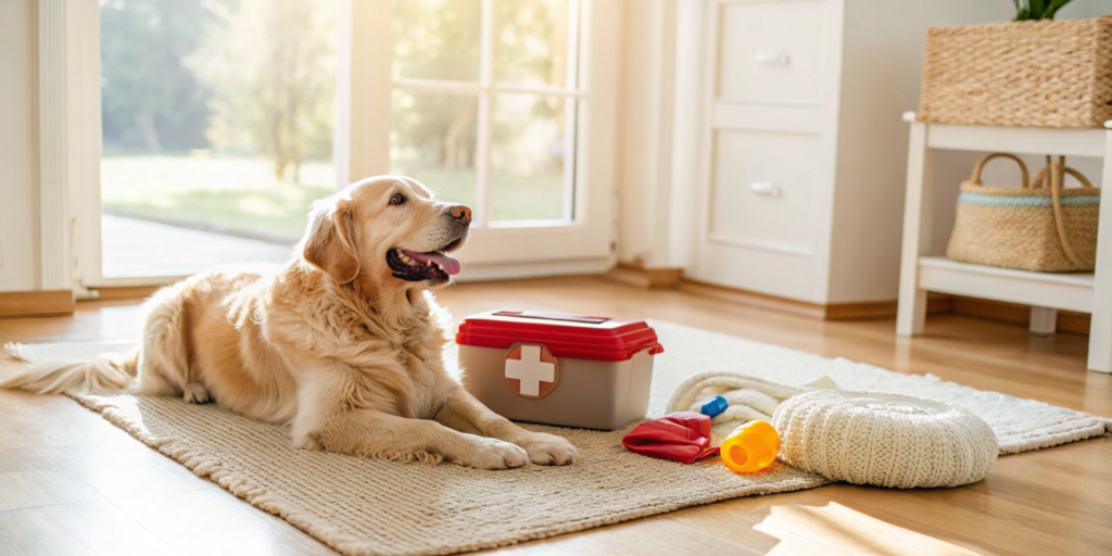 A golden retriever with a first aid kit for a Consumer Reports guide to the best pet insurance.