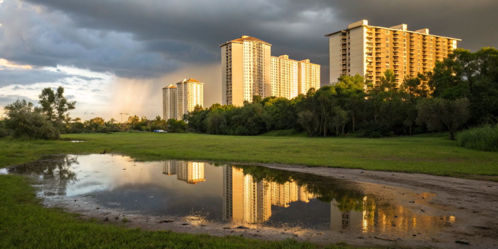 A condo building overlooking a flooded field, a risk requiring flood insurance for condo owners.