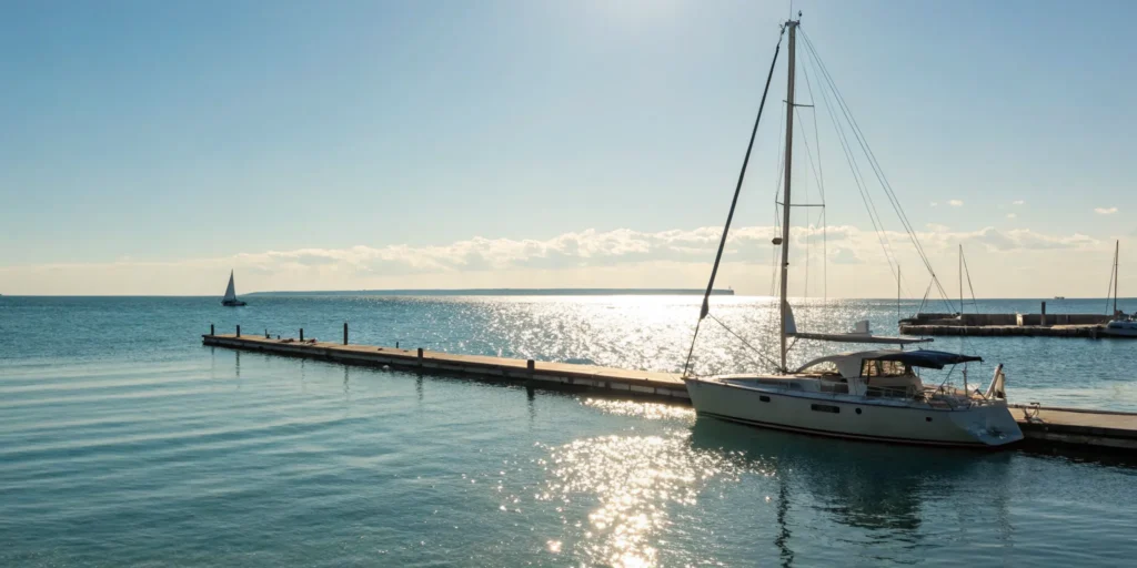 A boat docked in a marina, a primary factor when getting a boat insurance quote.