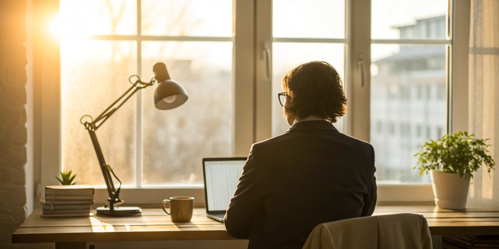 Man in home office using laptop to get a small business insurance quote.