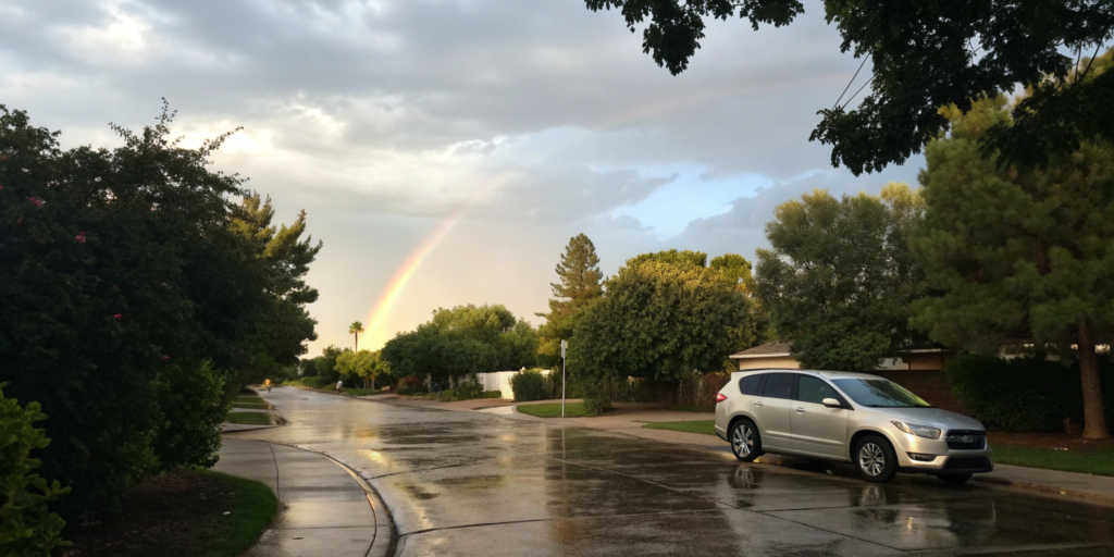 Car on a wet street under a rainbow, a positive outcome for a totaled car with full coverage insurance.