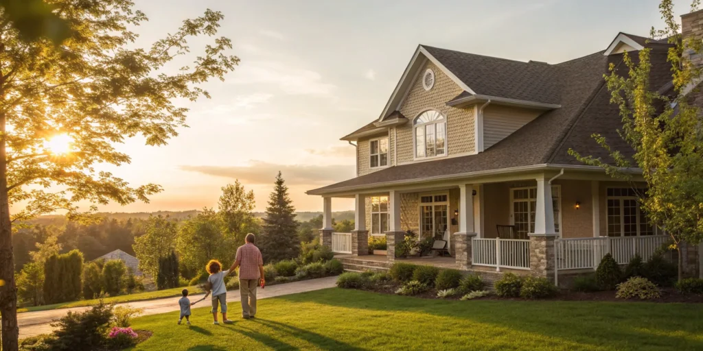 Homeowners calculating their monthly insurance payment for their family's modern house.
