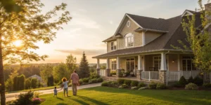 Homeowners calculating their monthly insurance payment for their family's modern house.