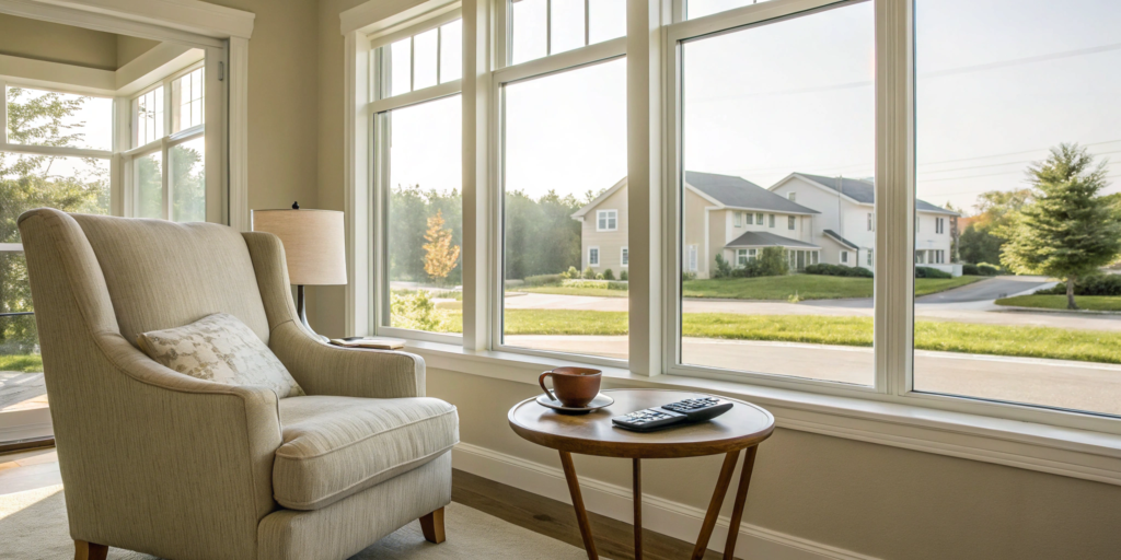 Condo living room with an armchair, showing what to protect when calculating how much condo insurance you need.