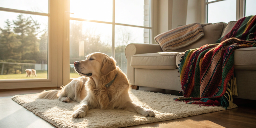 A relaxed golden retriever on a rug, protected by a full coverage pet insurance plan.