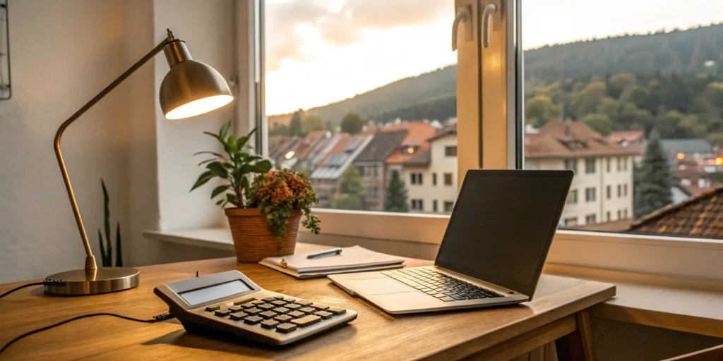 A small business owner at a desk calculating the cost of liability insurance.
