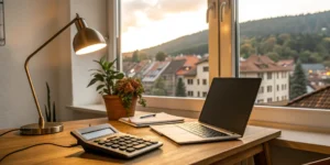 A small business owner at a desk calculating the cost of liability insurance.