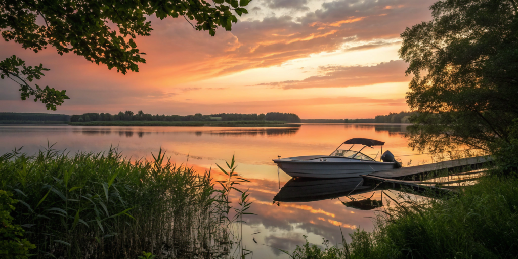 Comparing an online boat insurance quote for a boat docked on a calm lake.