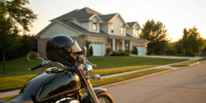 A motorcycle parked at home, a key factor when getting a motorcycle insurance quote.