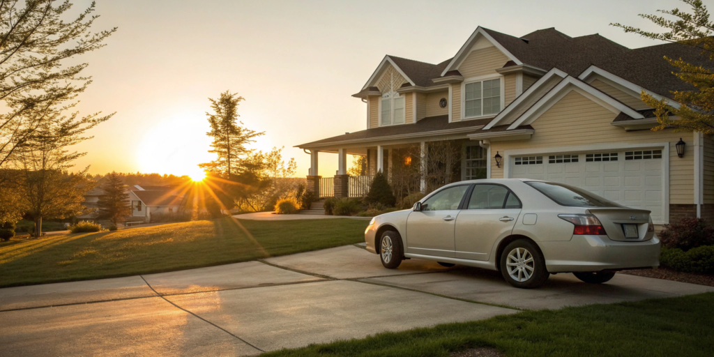 Getting an affordable car insurance quote for a car parked in a suburban driveway.