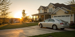 Getting an affordable car insurance quote for a car parked in a suburban driveway.