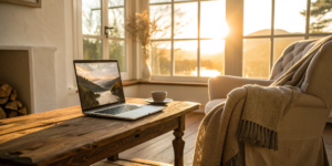 A laptop in a home office displaying a free home insurance calculator.