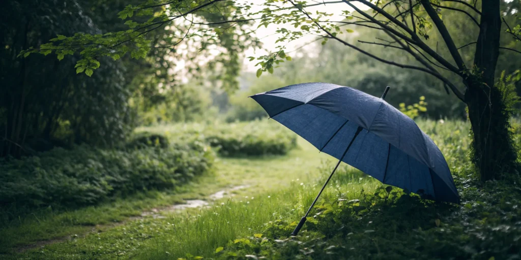 A blue umbrella on a forest path, offering protection like the best umbrella insurance.