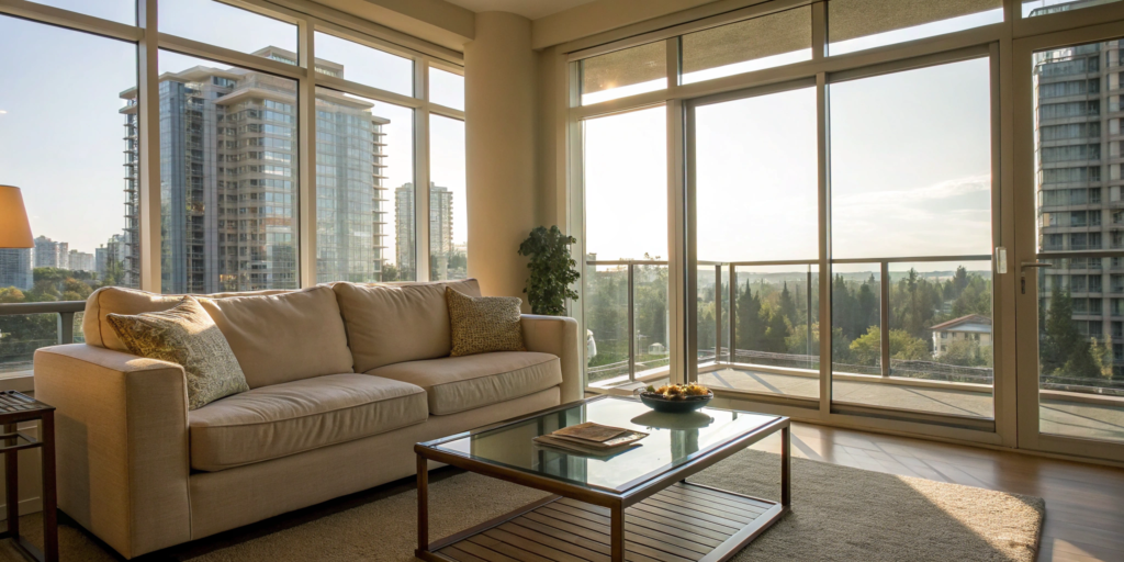 Modern condo living room with items that may not be covered by your condo insurance policy.