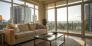 Modern condo living room with items that may not be covered by your condo insurance policy.