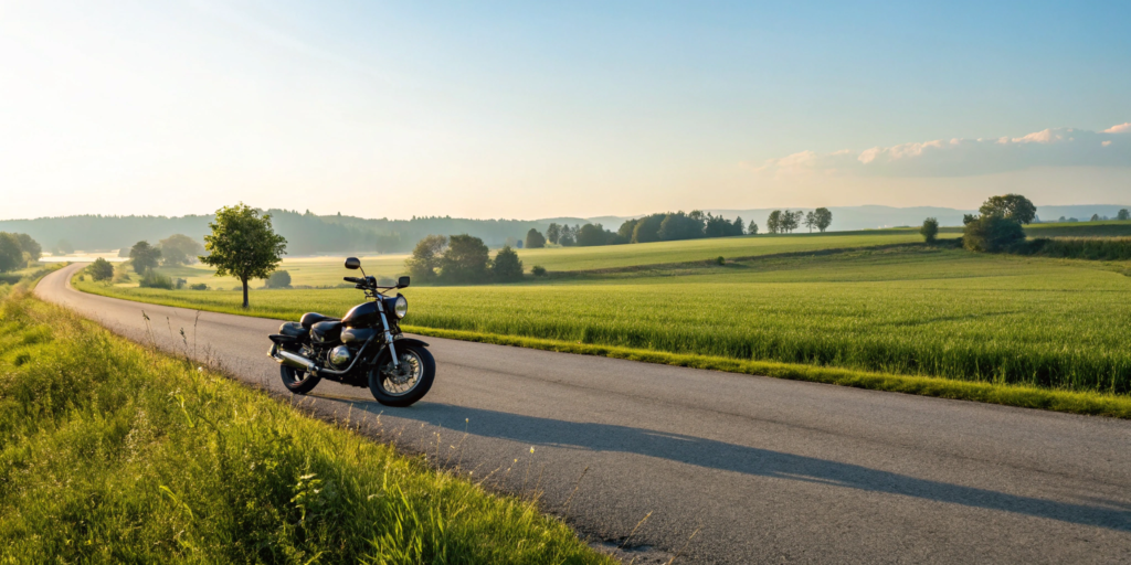 A motorcycle parked on a scenic road, covered by cheap full coverage insurance.