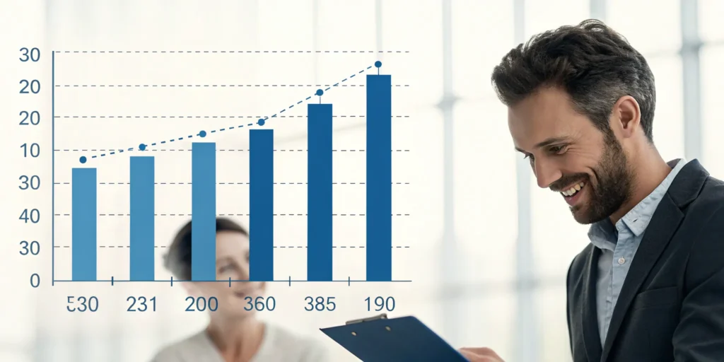 Man reviewing a bar graph of 30-year term life insurance rates by age.