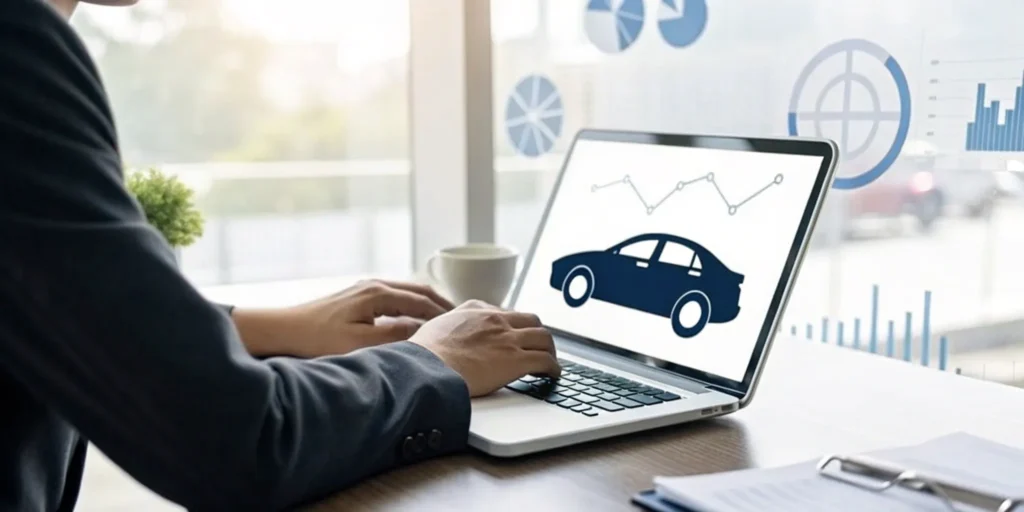 Person using a laptop to get a free car insurance quote online.