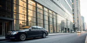 A black car on a city street, the focus of a guide to comparing the best car insurance quotes.